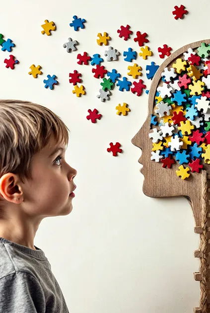 Kind mit Puzzleteilen um den Kopf herum